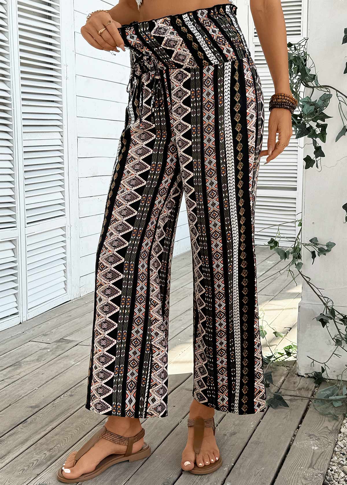 Gray Brown Tribal Print Wide Leg Elastic Waist Pants | picture 