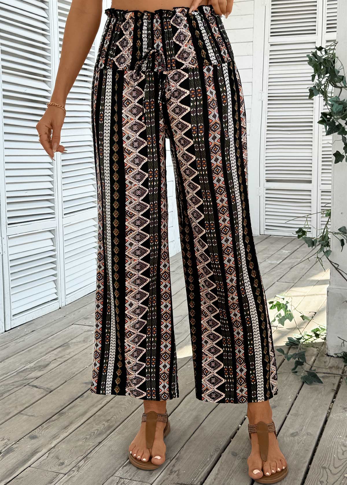 Gray Brown Tribal Print Wide Leg Elastic Waist Pants | picture 