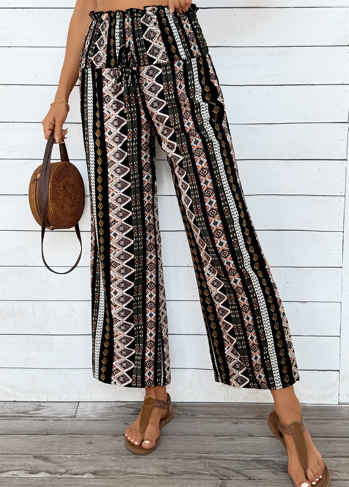 Gray Brown Tribal Print Wide Leg Elastic Waist Pants | picture 