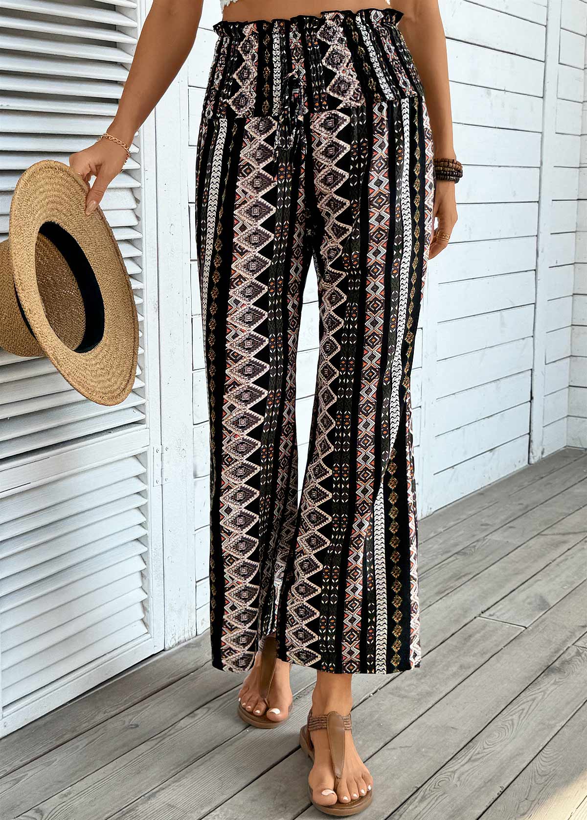 Gray Brown Tribal Print Wide Leg Elastic Waist Pants | picture 