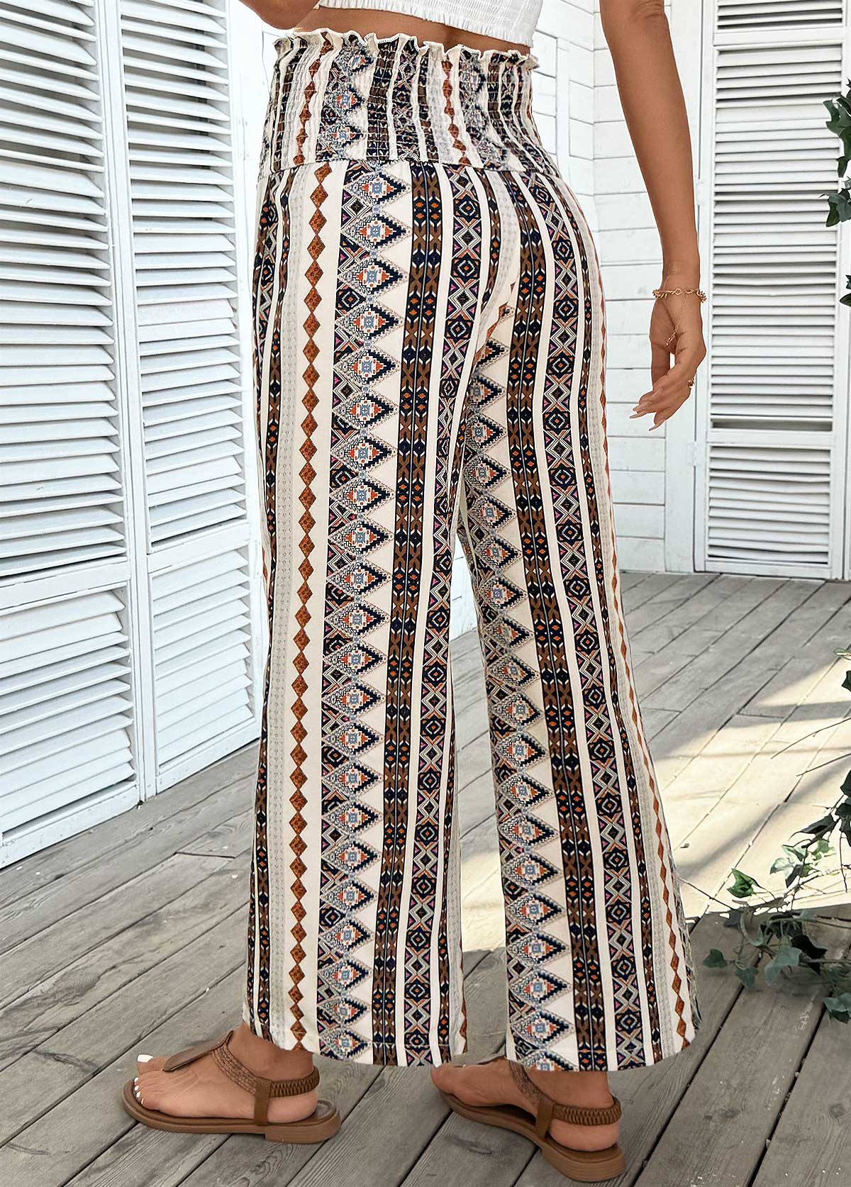 Light Coffee Tribal Print Wide Leg Elastic Waist Pants | picture 