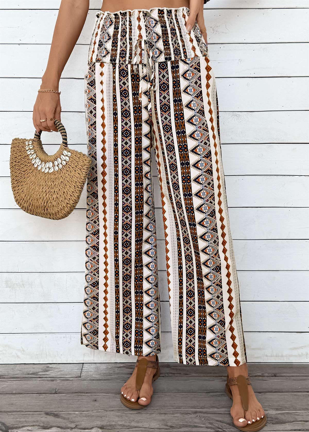 Light Coffee Tribal Print Wide Leg Elastic Waist Pants | picture 