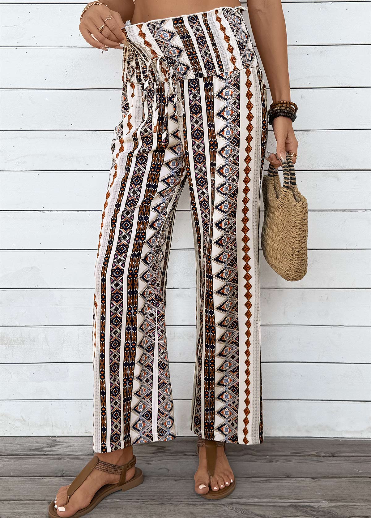 Light Coffee Tribal Print Wide Leg Elastic Waist Pants | picture 
