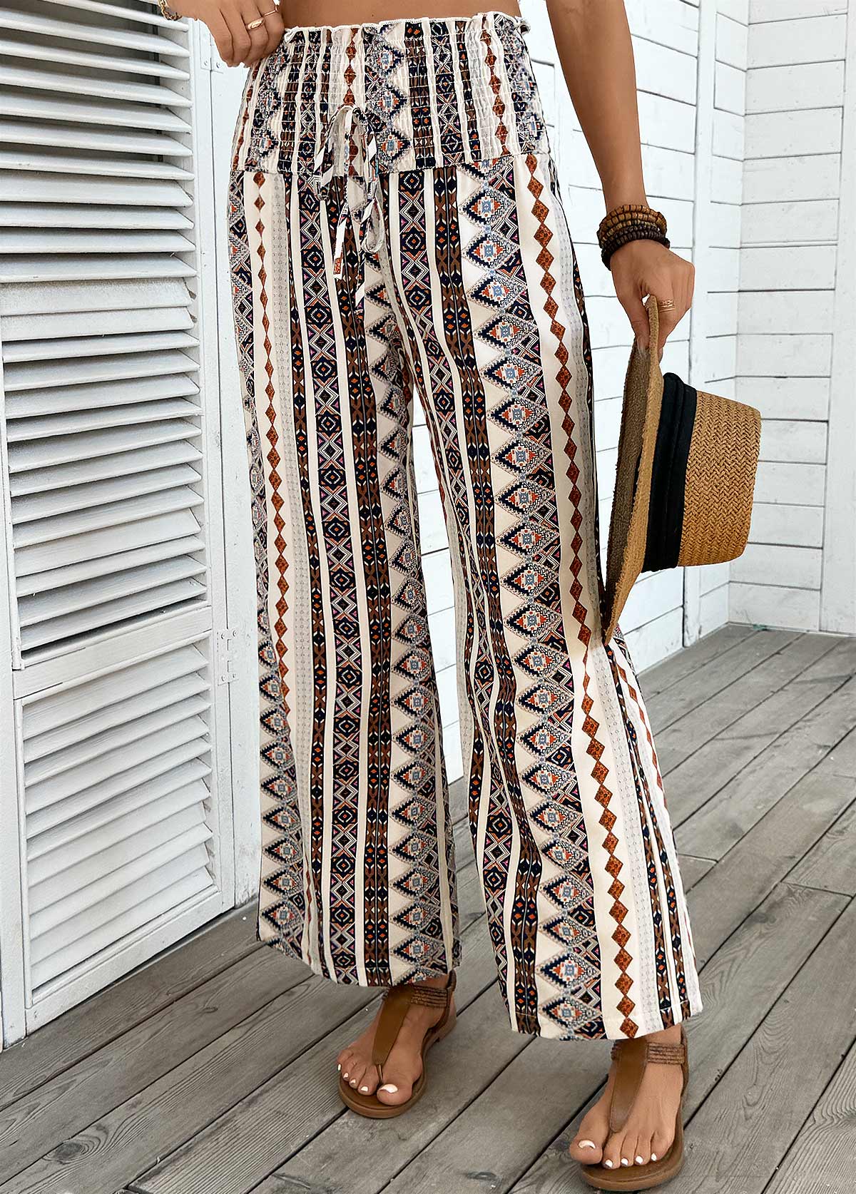 Light Coffee Tribal Print Wide Leg Elastic Waist Pants | picture 