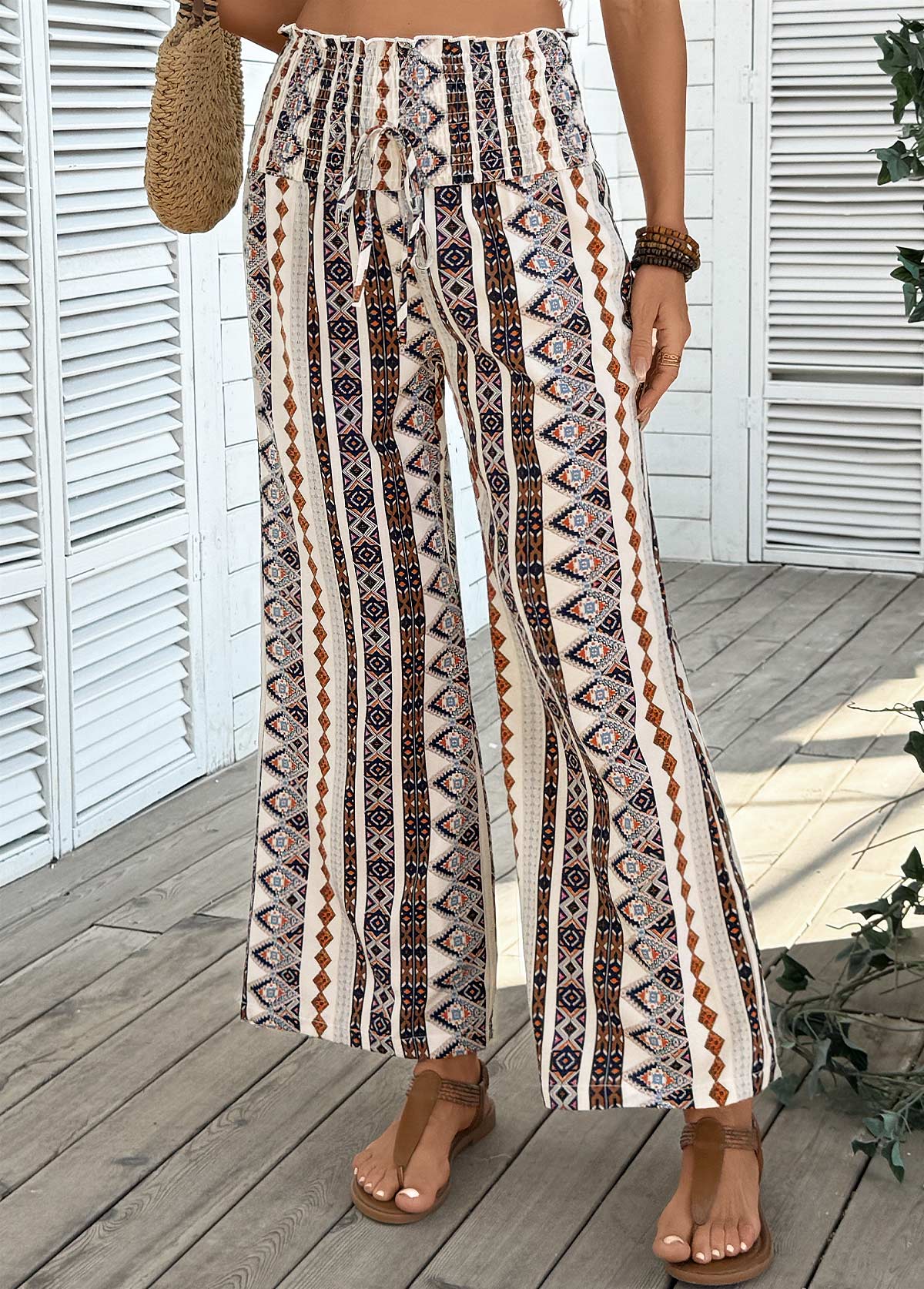Light Coffee Tribal Print Wide Leg Elastic Waist Pants | picture 