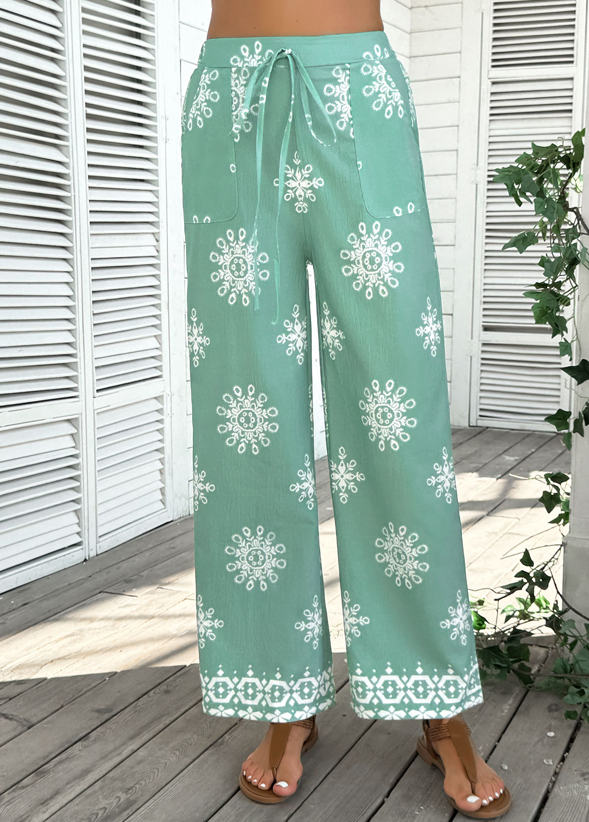 Mint Green Soft Floral Print Wide Leg Pants | picture 