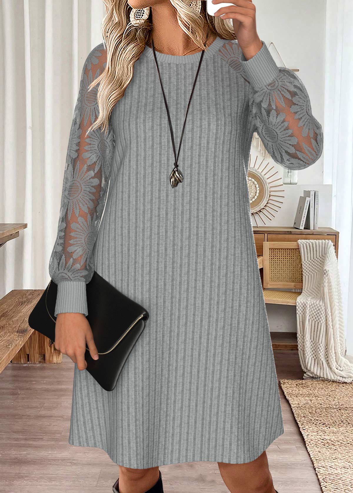 Light Grey Tummy Coverage Short Long Sleeve Dress | picture 
