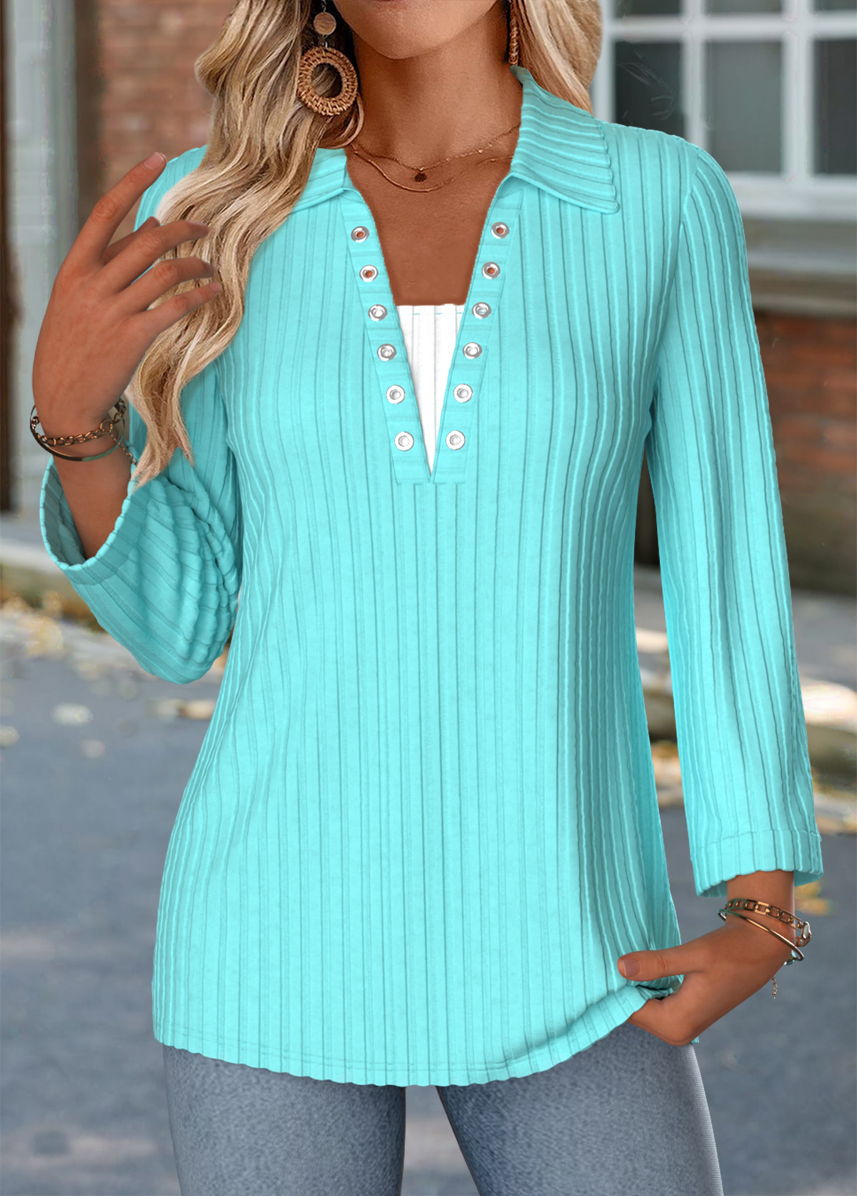 Cyan Fake 2in1 Long Sleeve Turn Down Collar Blouse | picture 