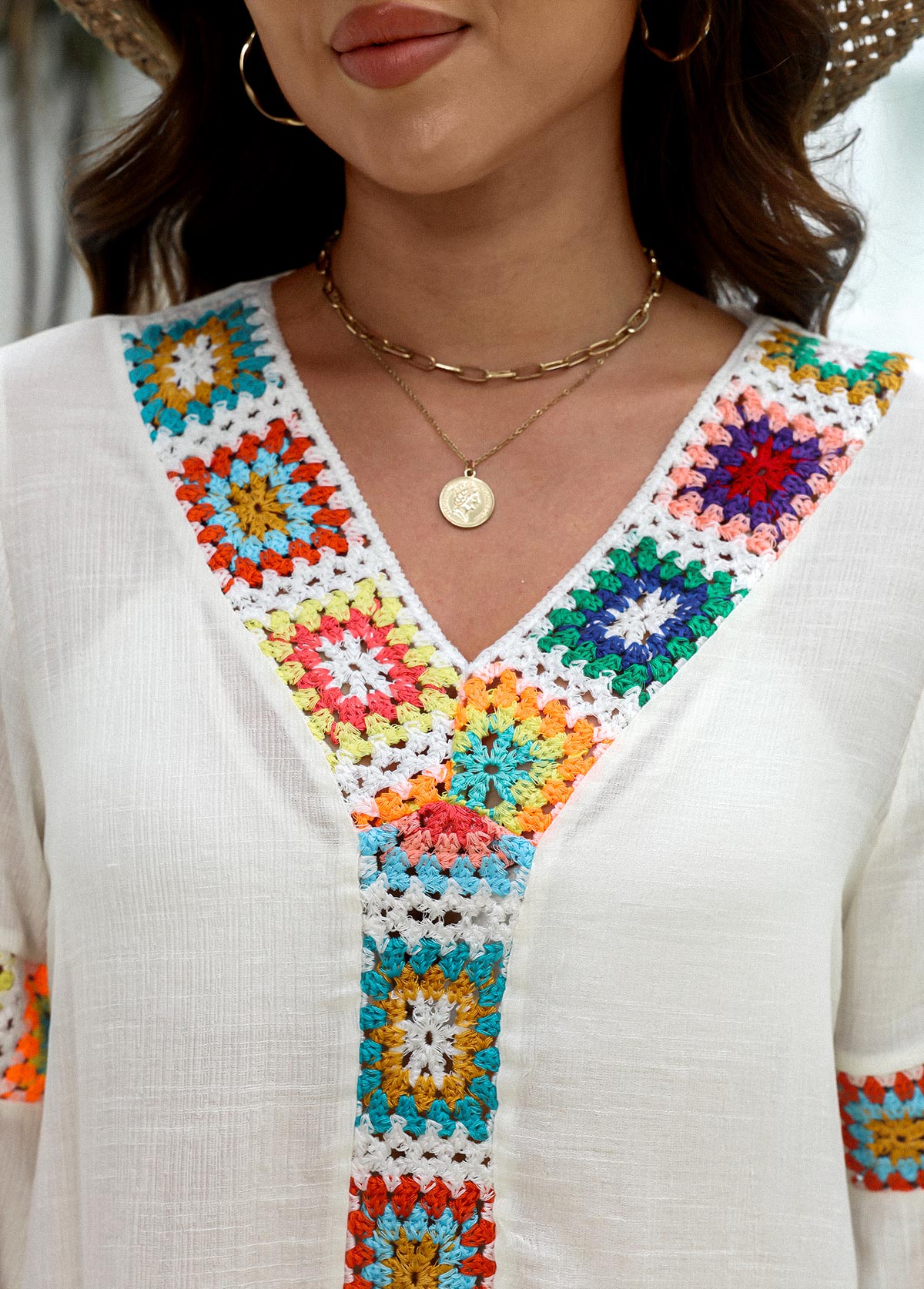 Patchwork White V Neck Cover Up | picture 