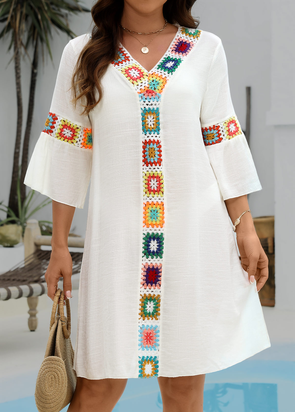 Patchwork White V Neck Cover Up | picture 