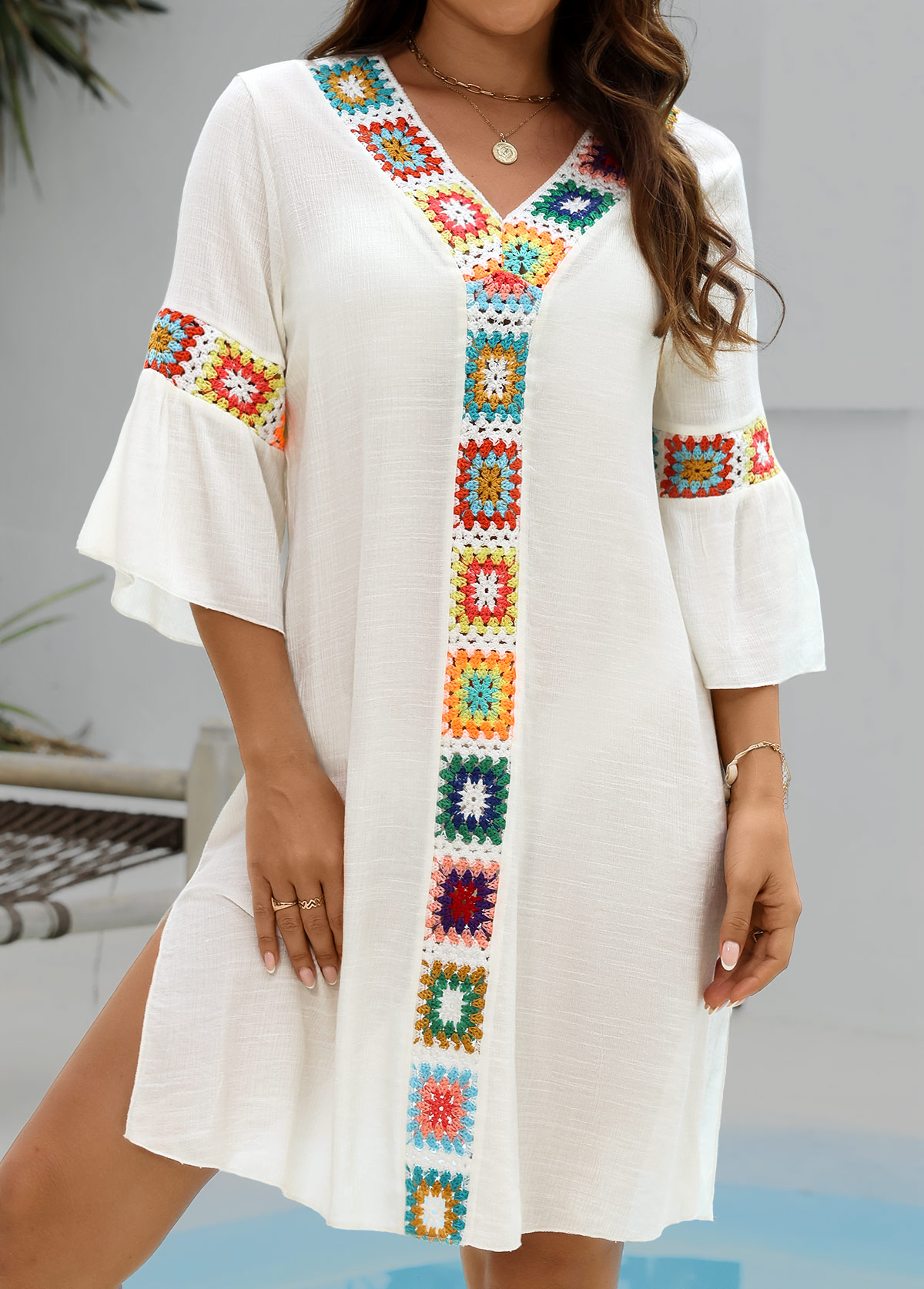 Patchwork White V Neck Cover Up | picture 