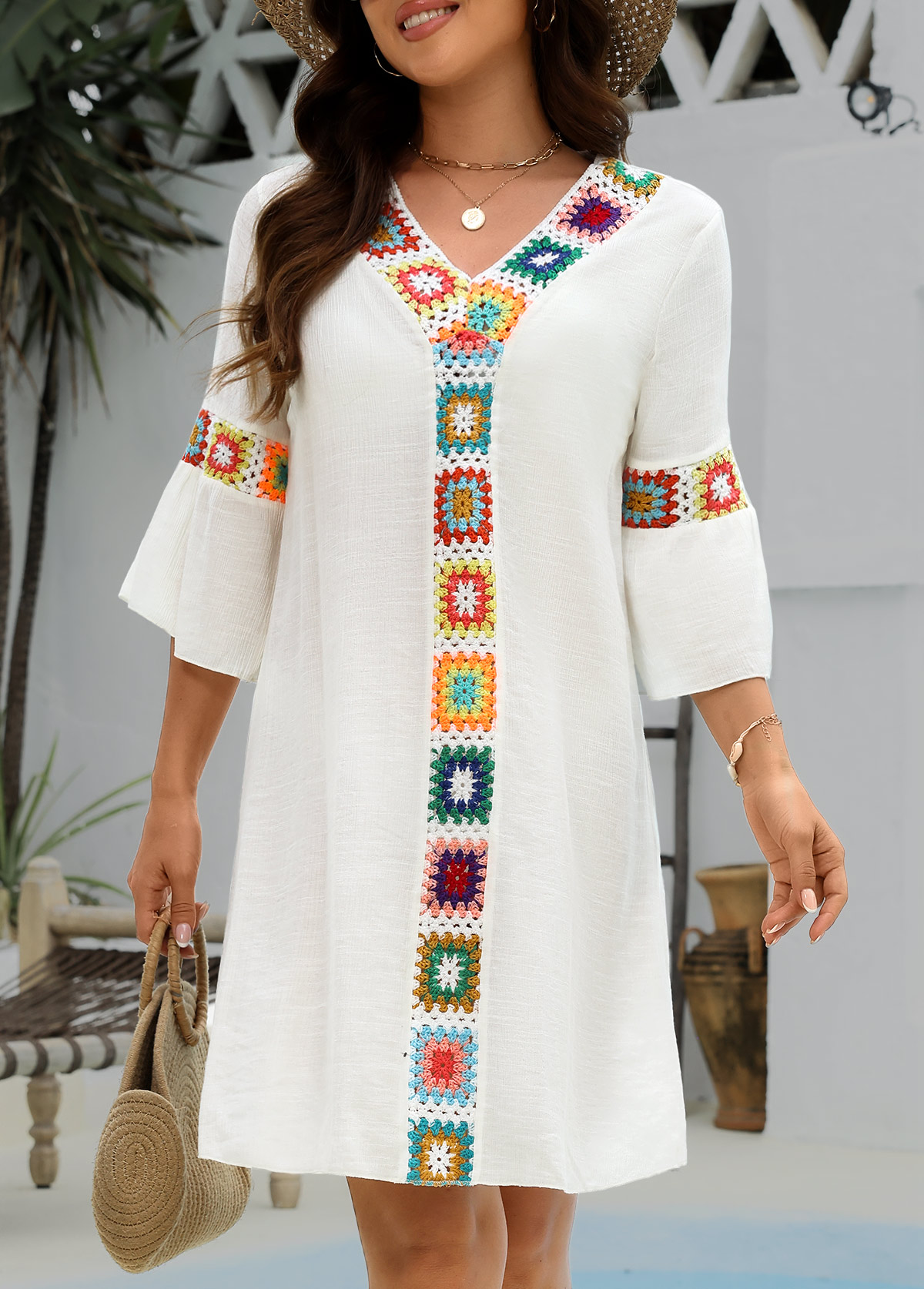 Patchwork White V Neck Cover Up | picture 