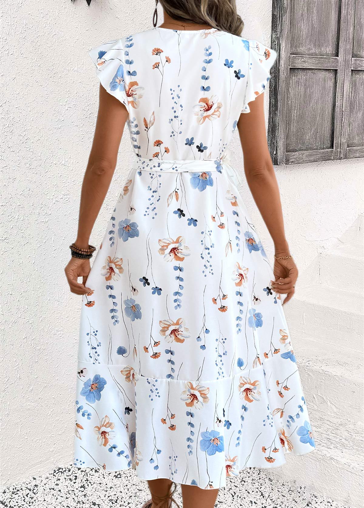 White Surplice Floral Print Short Sleeve V Neck Dress | picture 