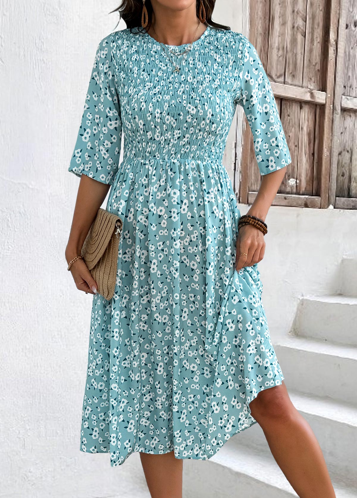 Blue Smocked Ditsy Floral Print Half Sleeve Dress | picture 