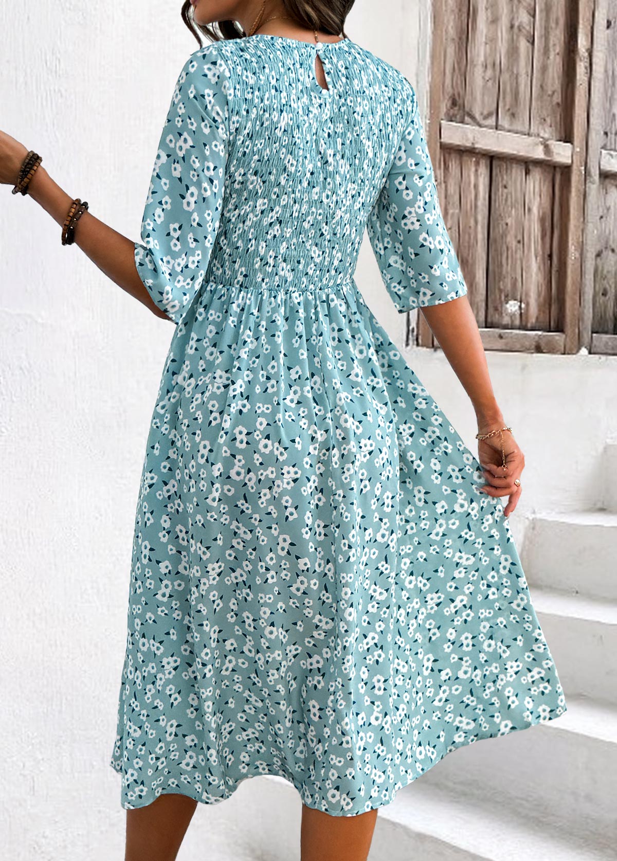 Blue Smocked Ditsy Floral Print Half Sleeve Dress | picture 