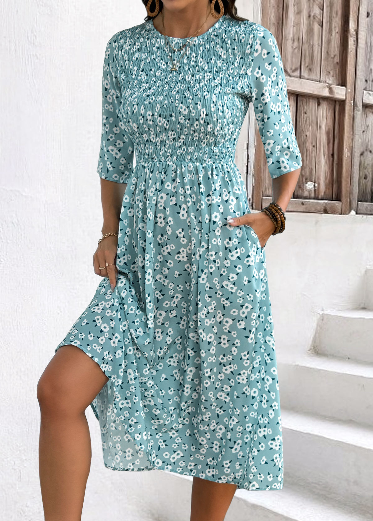 Blue Smocked Ditsy Floral Print Half Sleeve Dress | picture 
