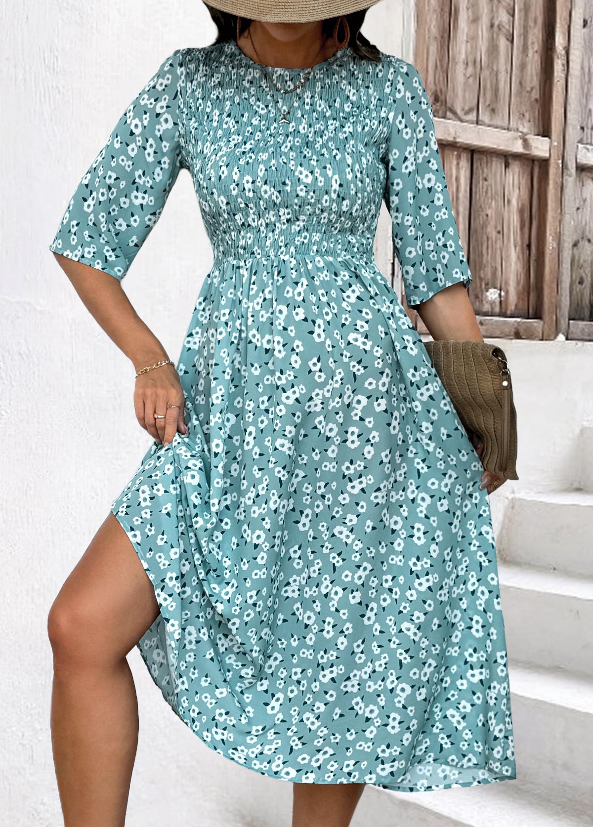 Blue Smocked Ditsy Floral Print Half Sleeve Dress | picture 