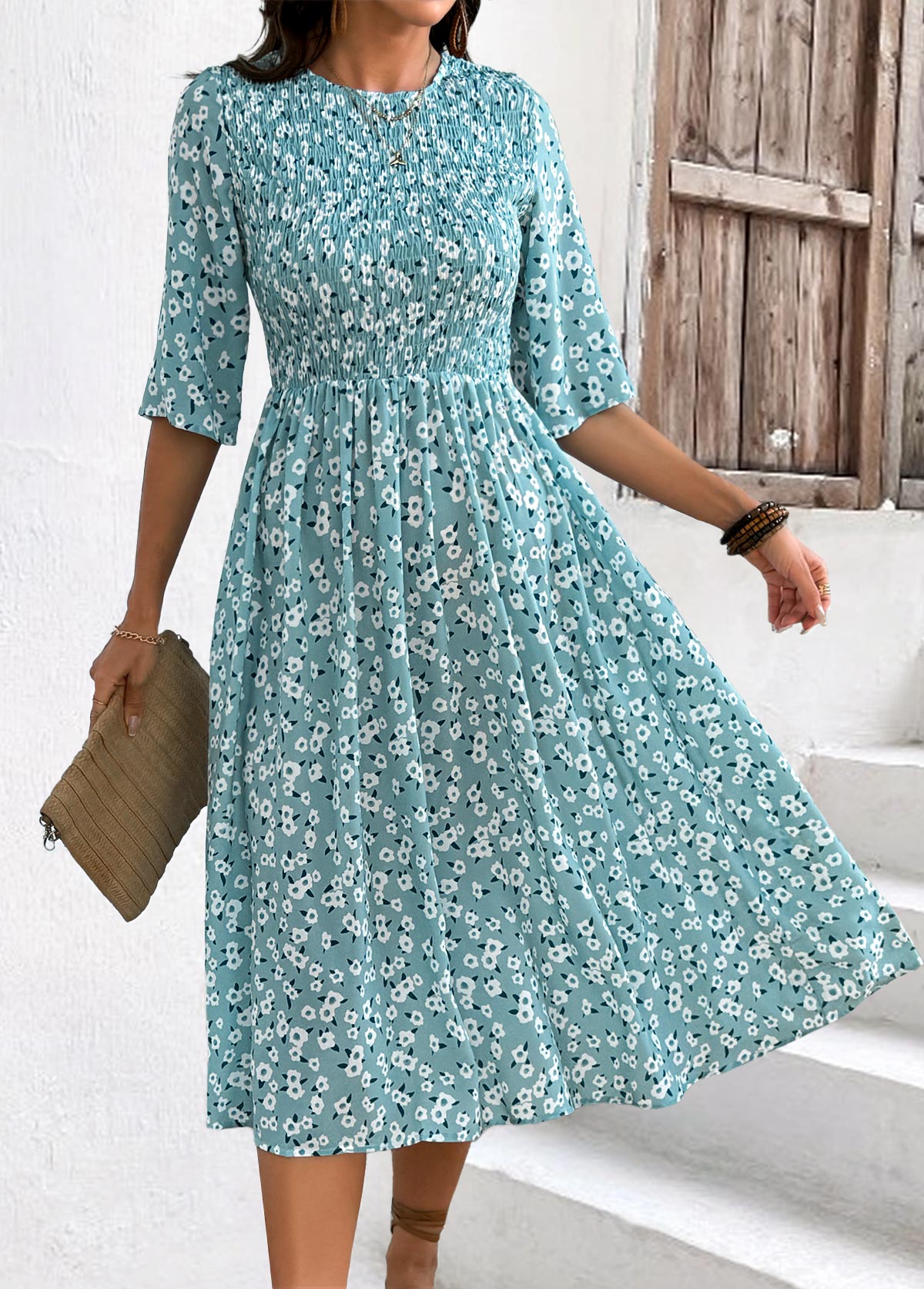 Blue Smocked Ditsy Floral Print Half Sleeve Dress | picture 