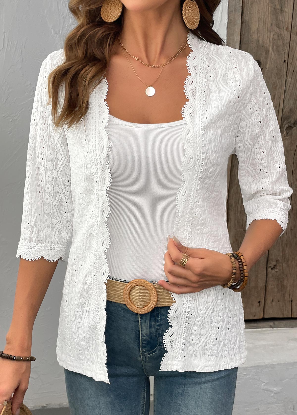 White Patchwork 3/4 Sleeve Light Cardigan | picture 