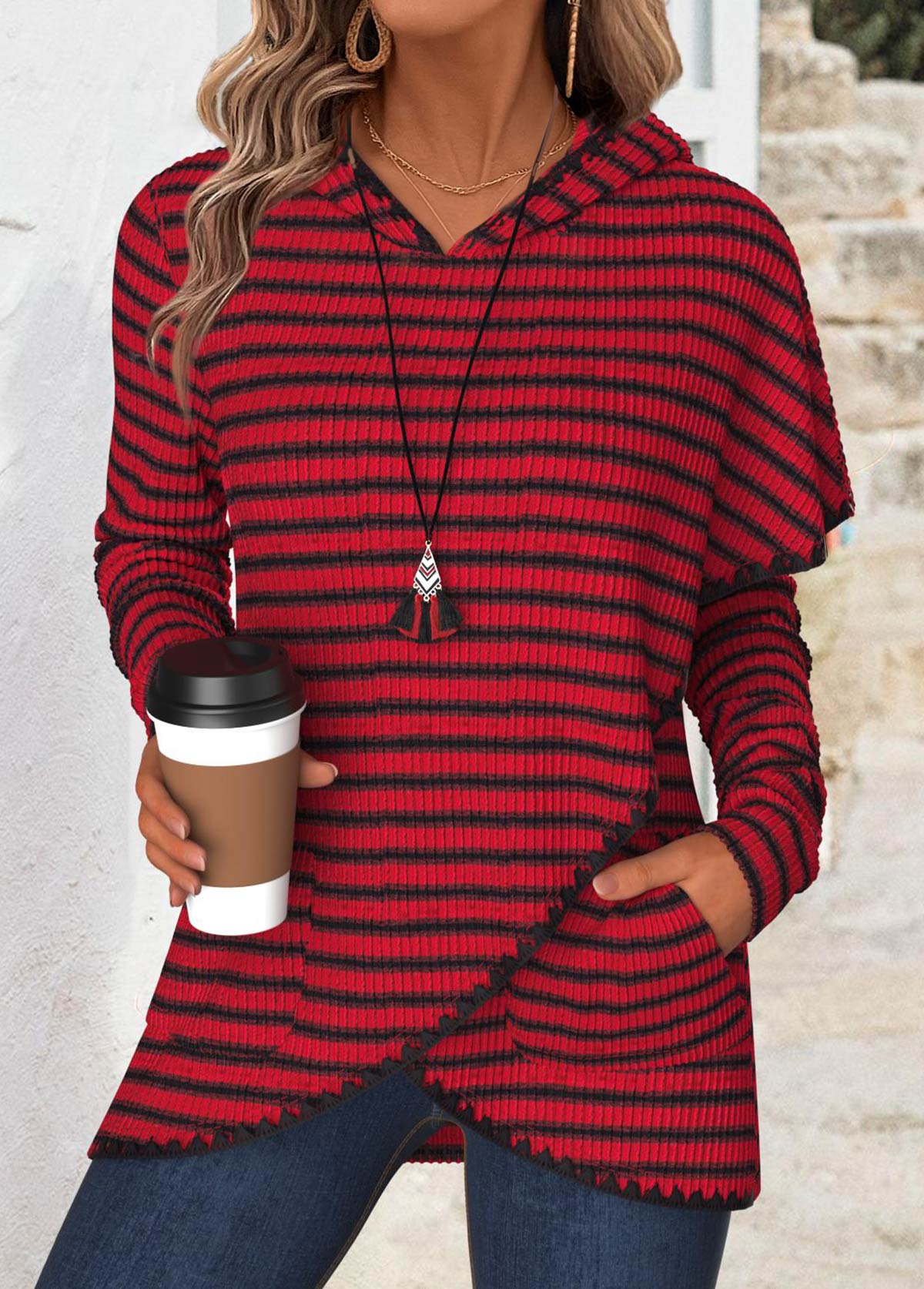 Wine Red Tummy Coverage Striped Long Sleeve Hoodie | picture 