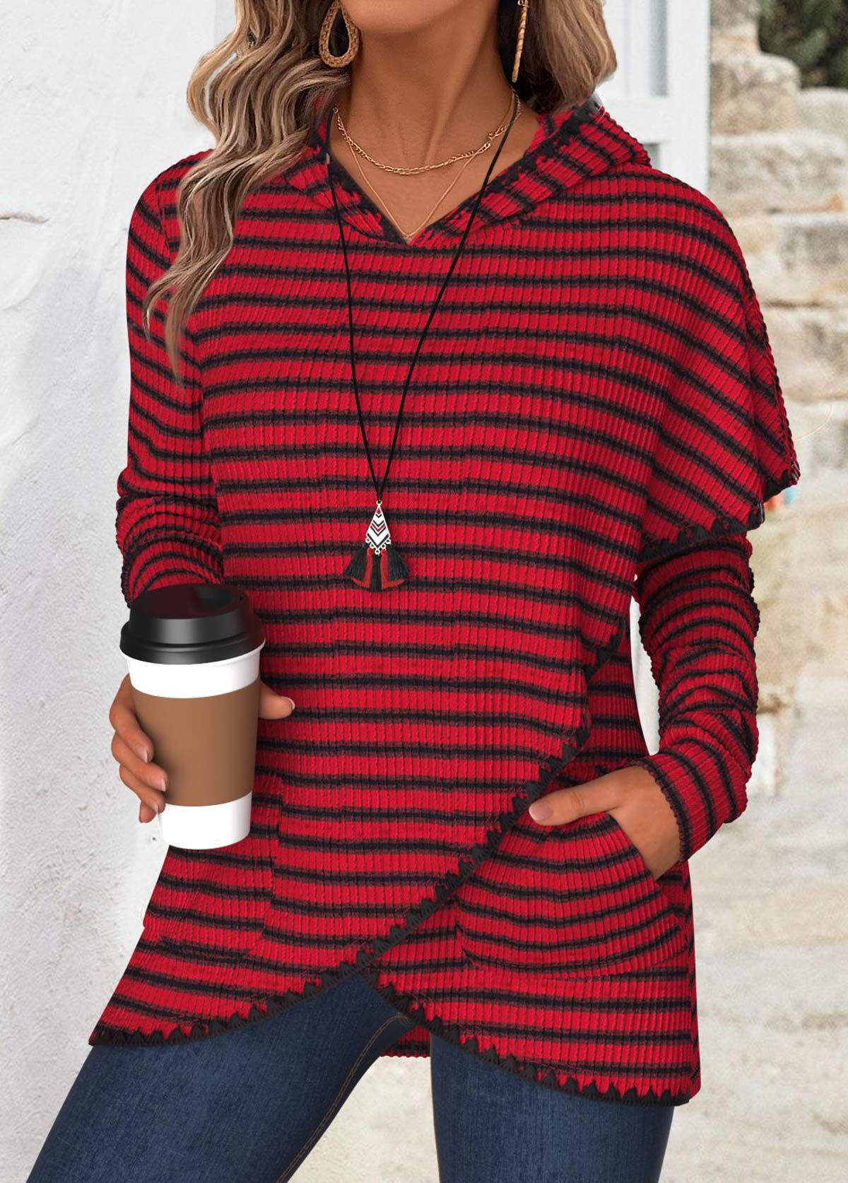 Wine Red Tummy Coverage Striped Long Sleeve Hoodie | picture 