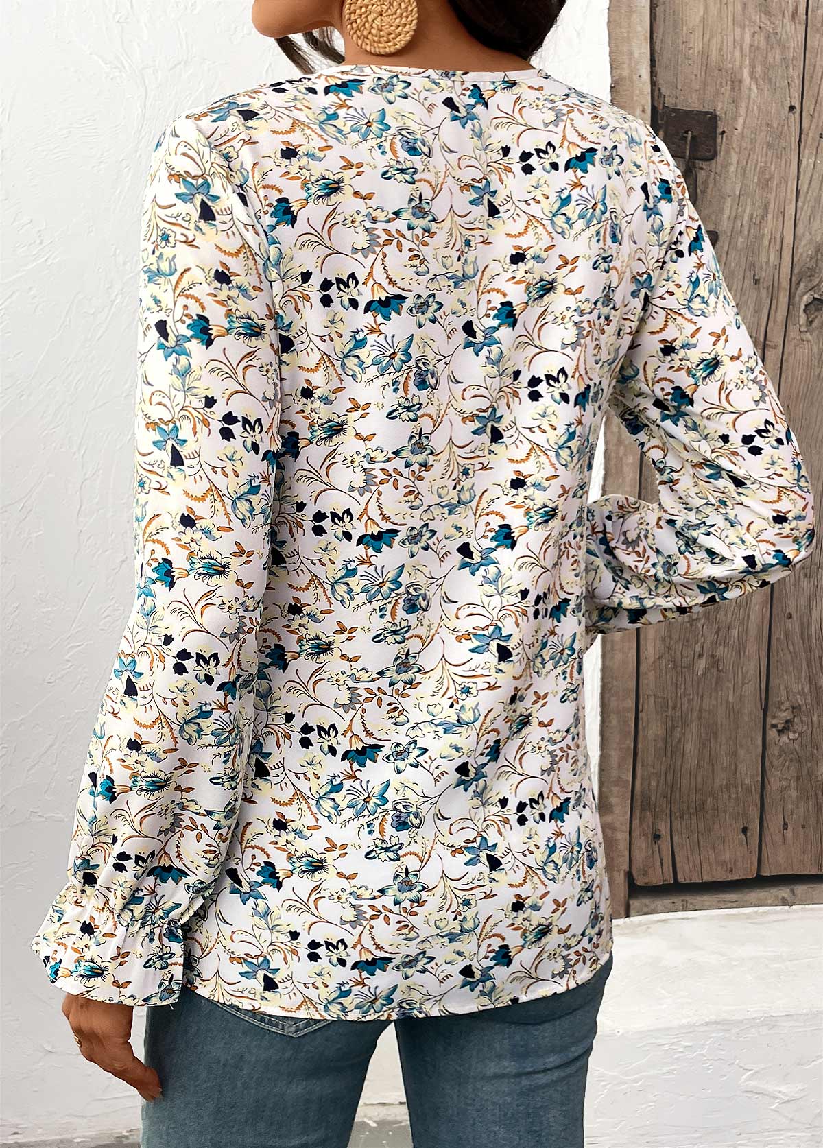 Multi Color Cut Out Floral Print Long Sleeve Blouse | picture 