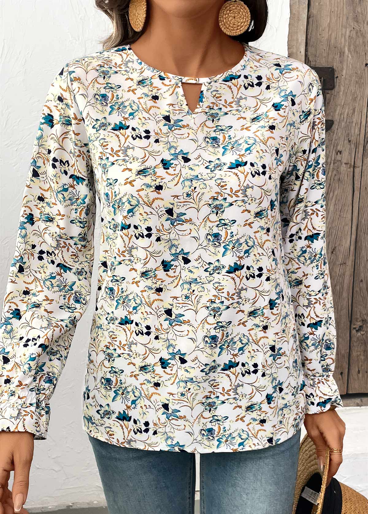 Multi Color Cut Out Floral Print Long Sleeve Blouse | picture 