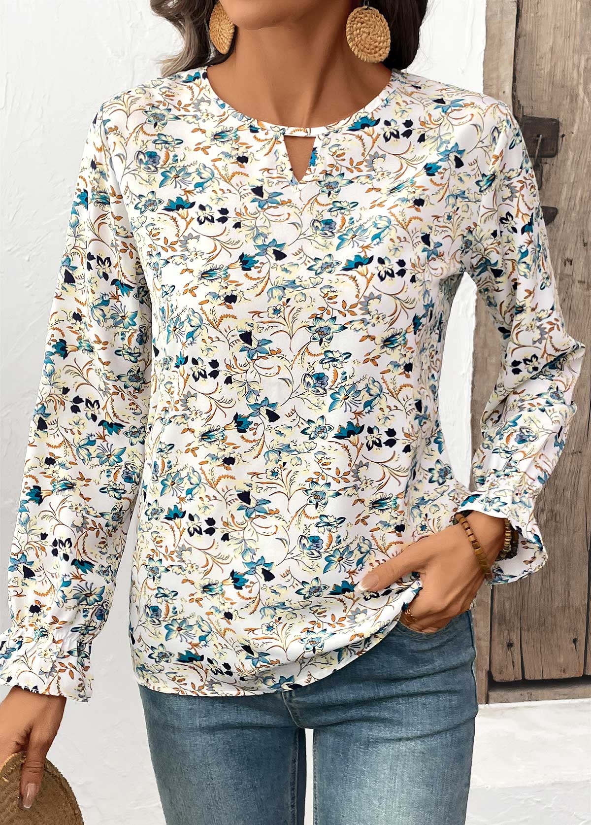 Multi Color Cut Out Floral Print Long Sleeve Blouse | picture 