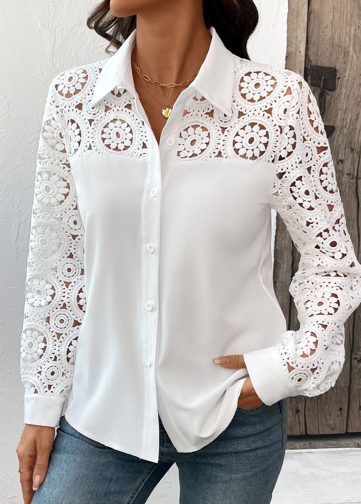 White Hollowedout Button Long Sleeve Shirt | picture 