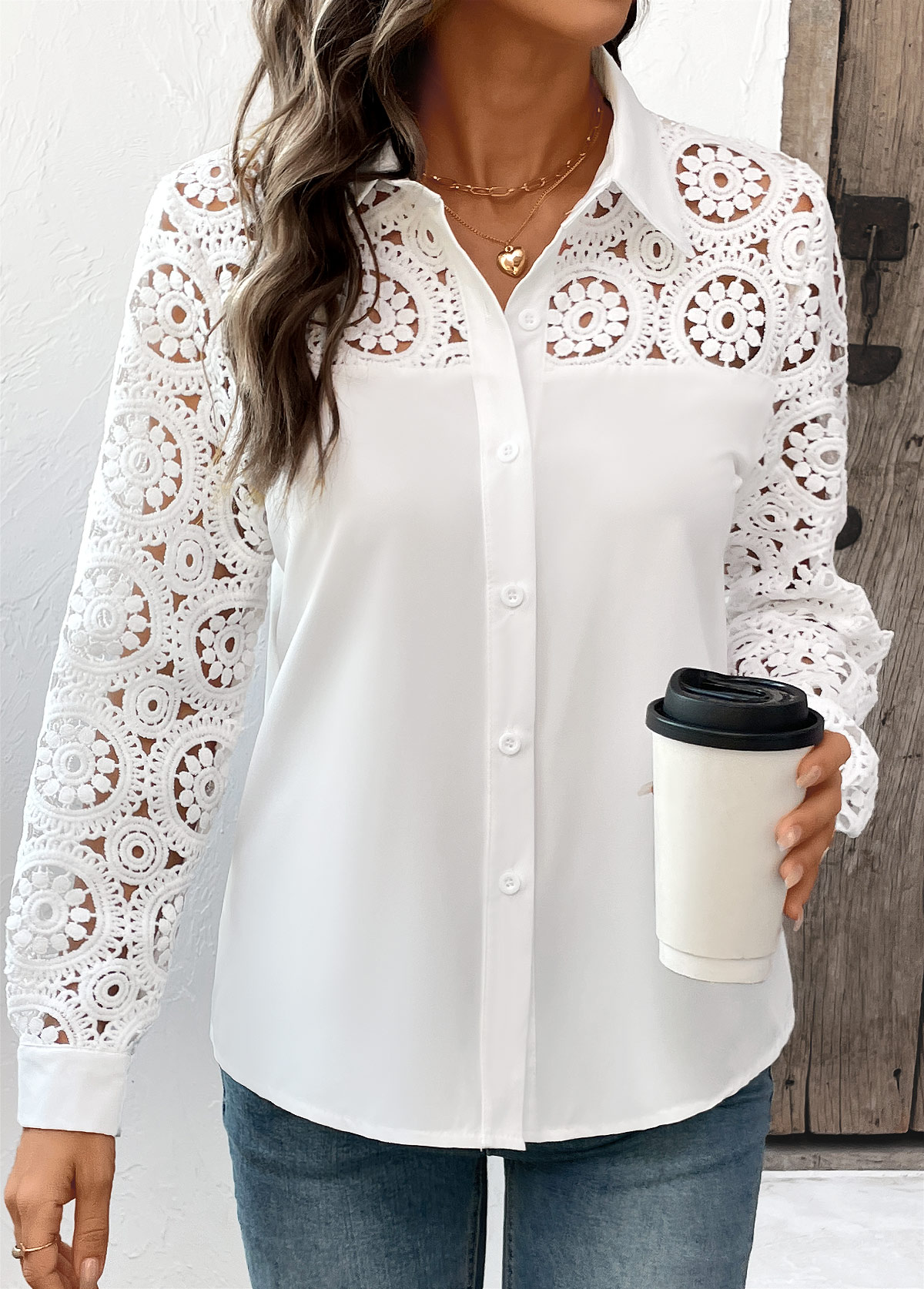 White Hollowedout Button Long Sleeve Shirt | picture 