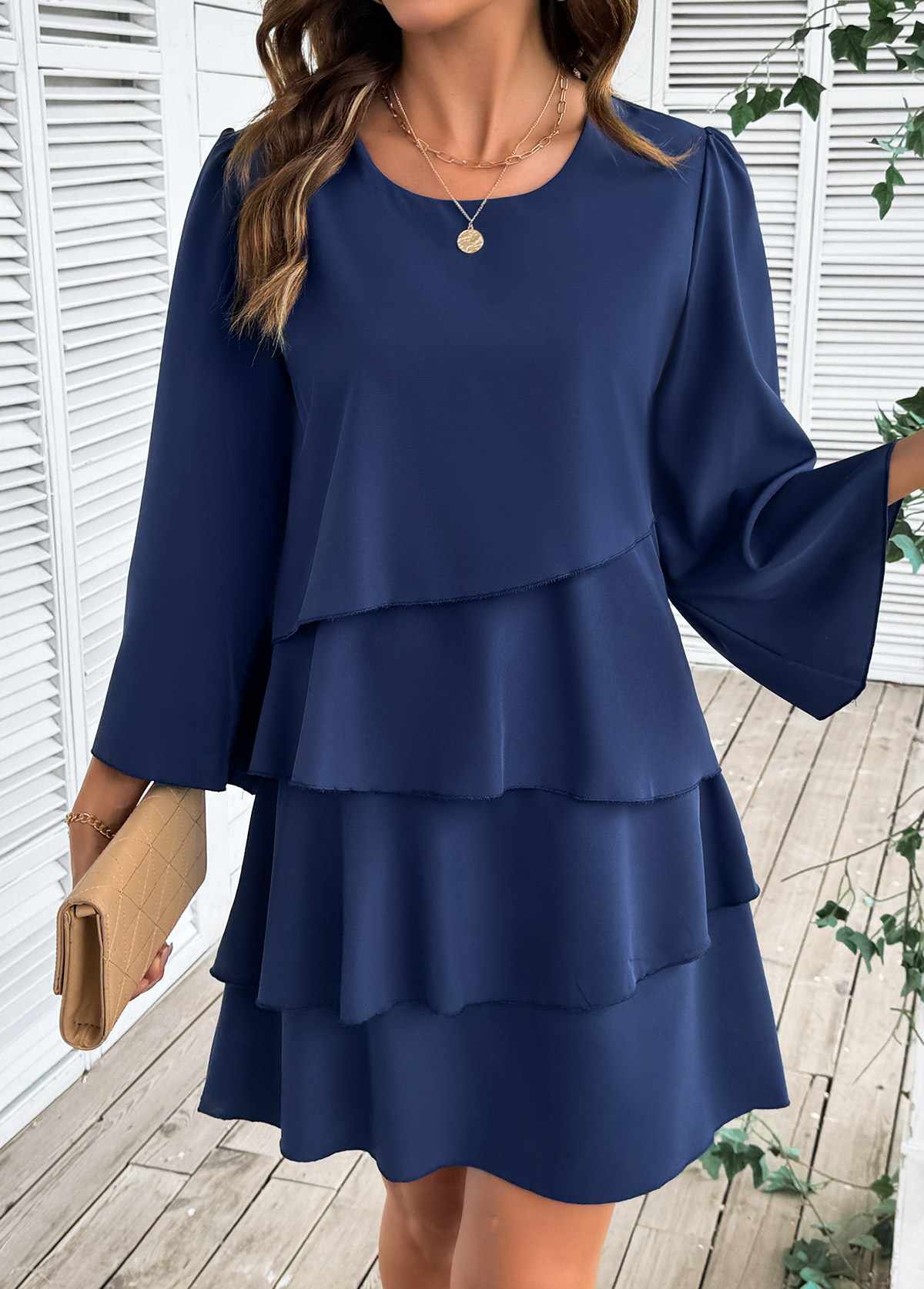 Navy Tummy Coverage Bracelet Sleeve Round Neck Dress | picture 