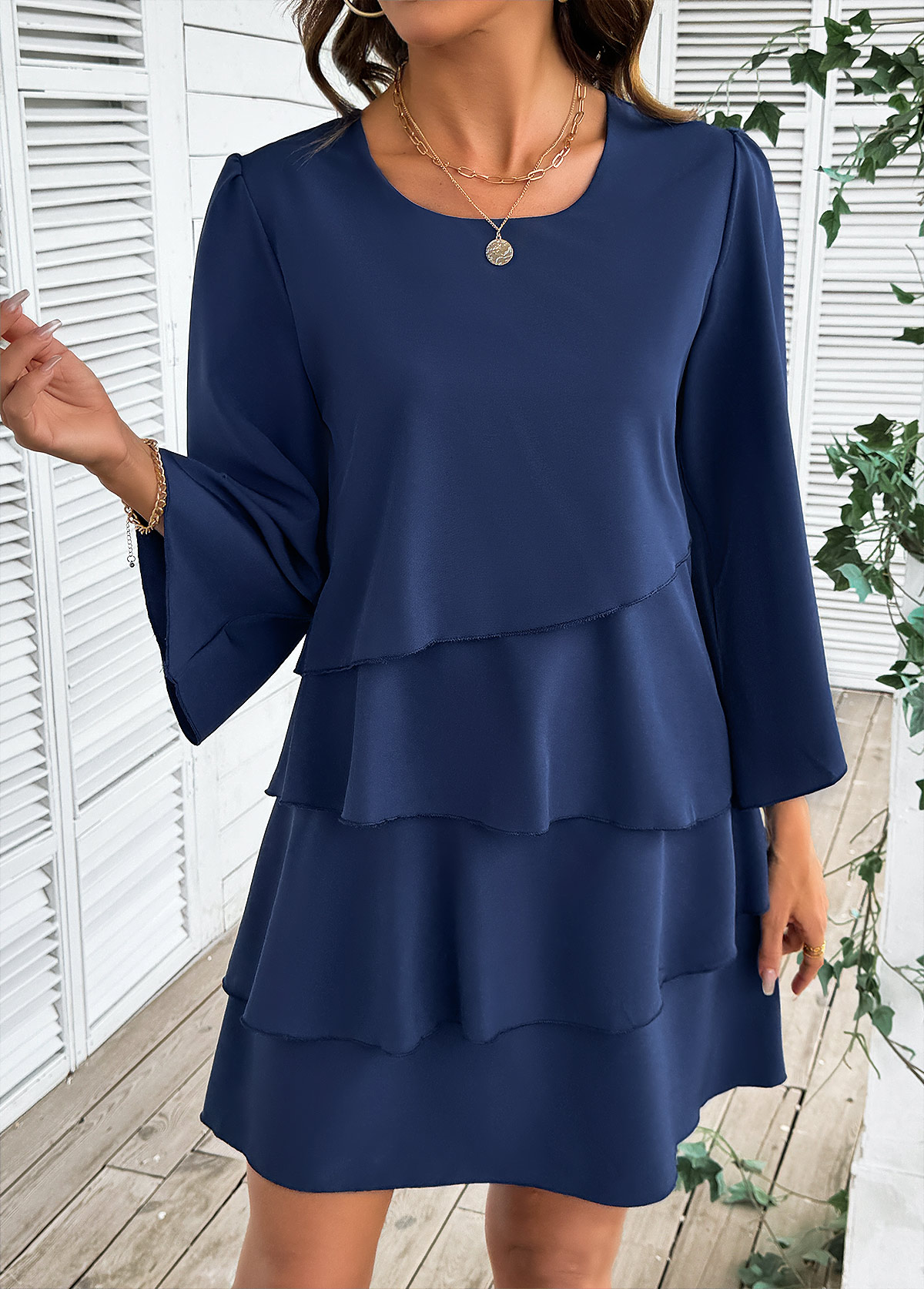 Navy Tummy Coverage Bracelet Sleeve Round Neck Dress | picture 