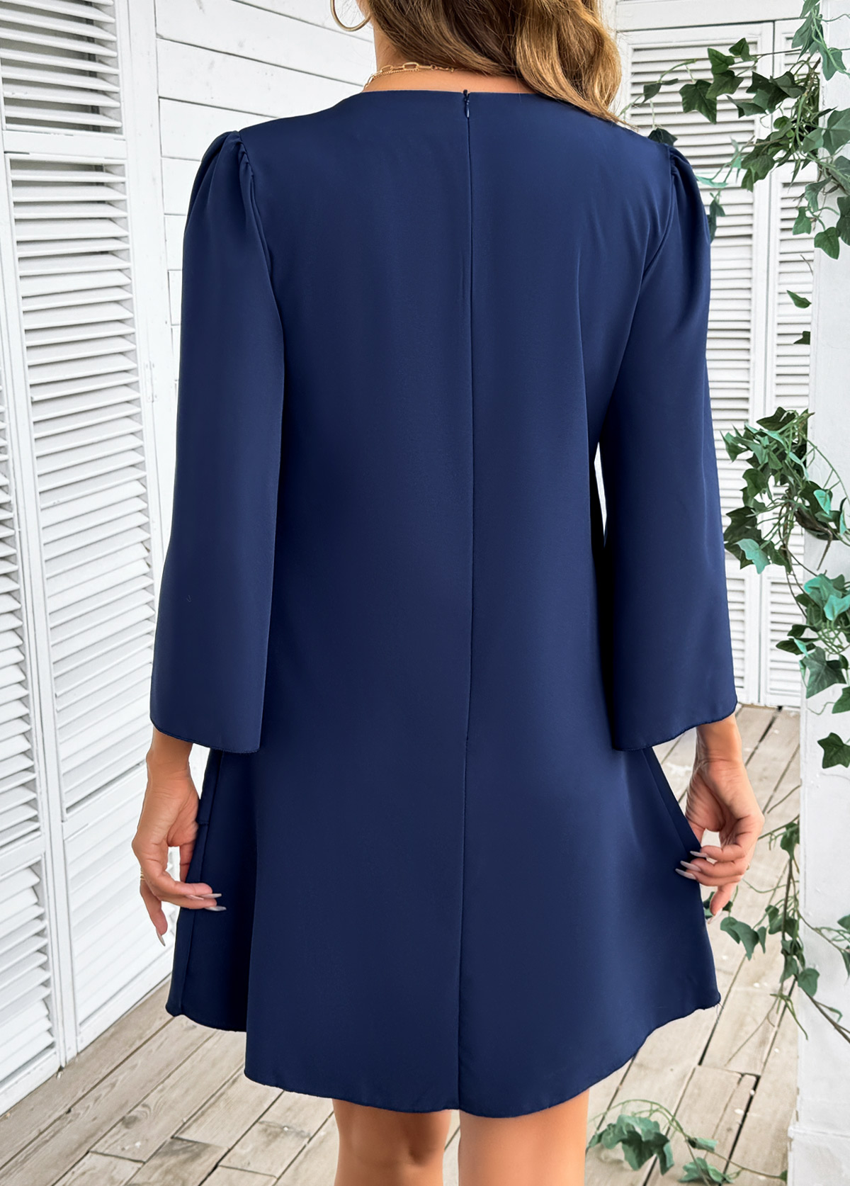 Navy Tummy Coverage Bracelet Sleeve Round Neck Dress | picture 