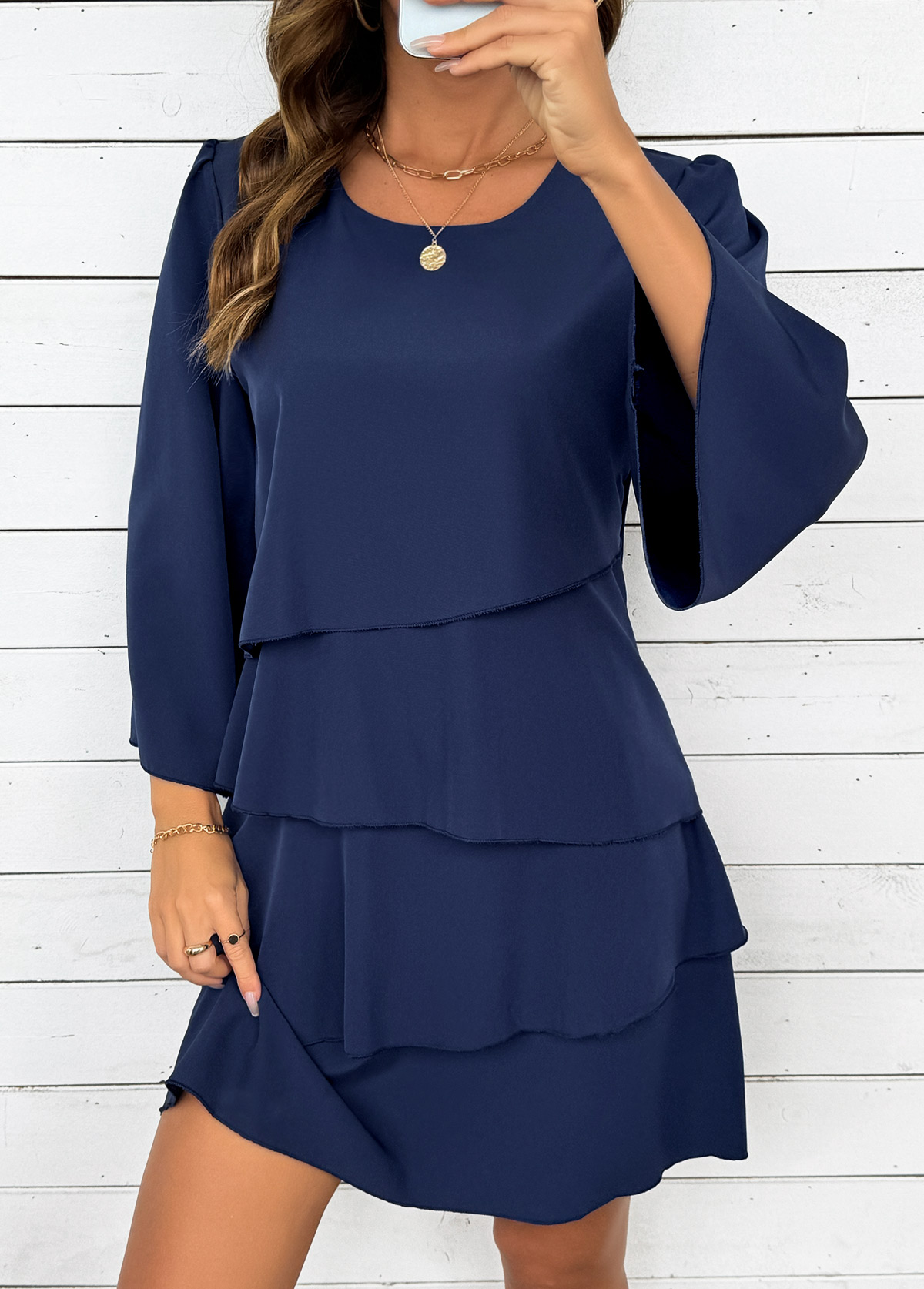 Navy Tummy Coverage Bracelet Sleeve Round Neck Dress | picture 