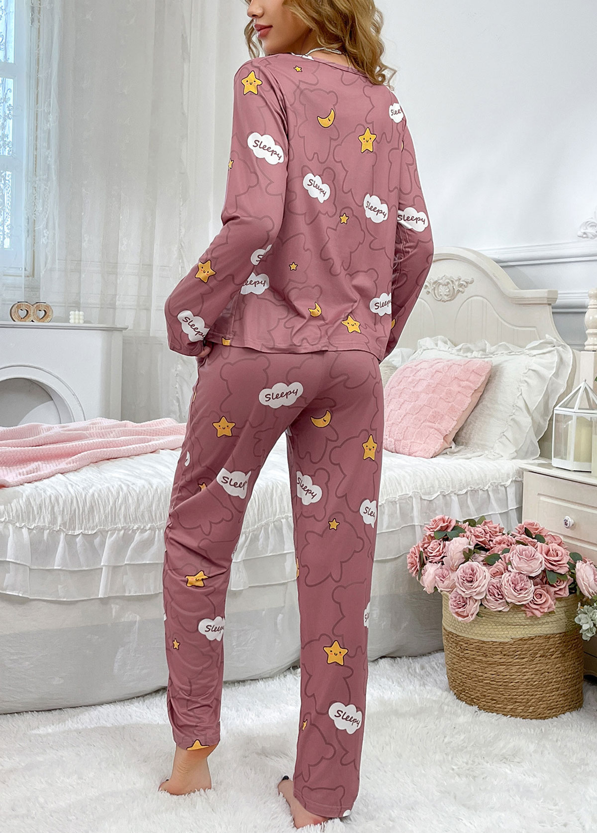 Dark Reddish Purple Letter Print Lounge Top and Pants | picture 