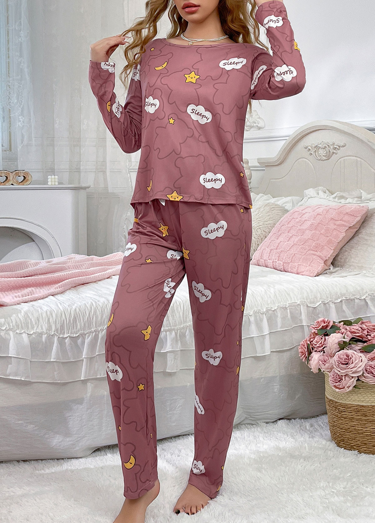 Dark Reddish Purple Letter Print Lounge Top and Pants | picture 