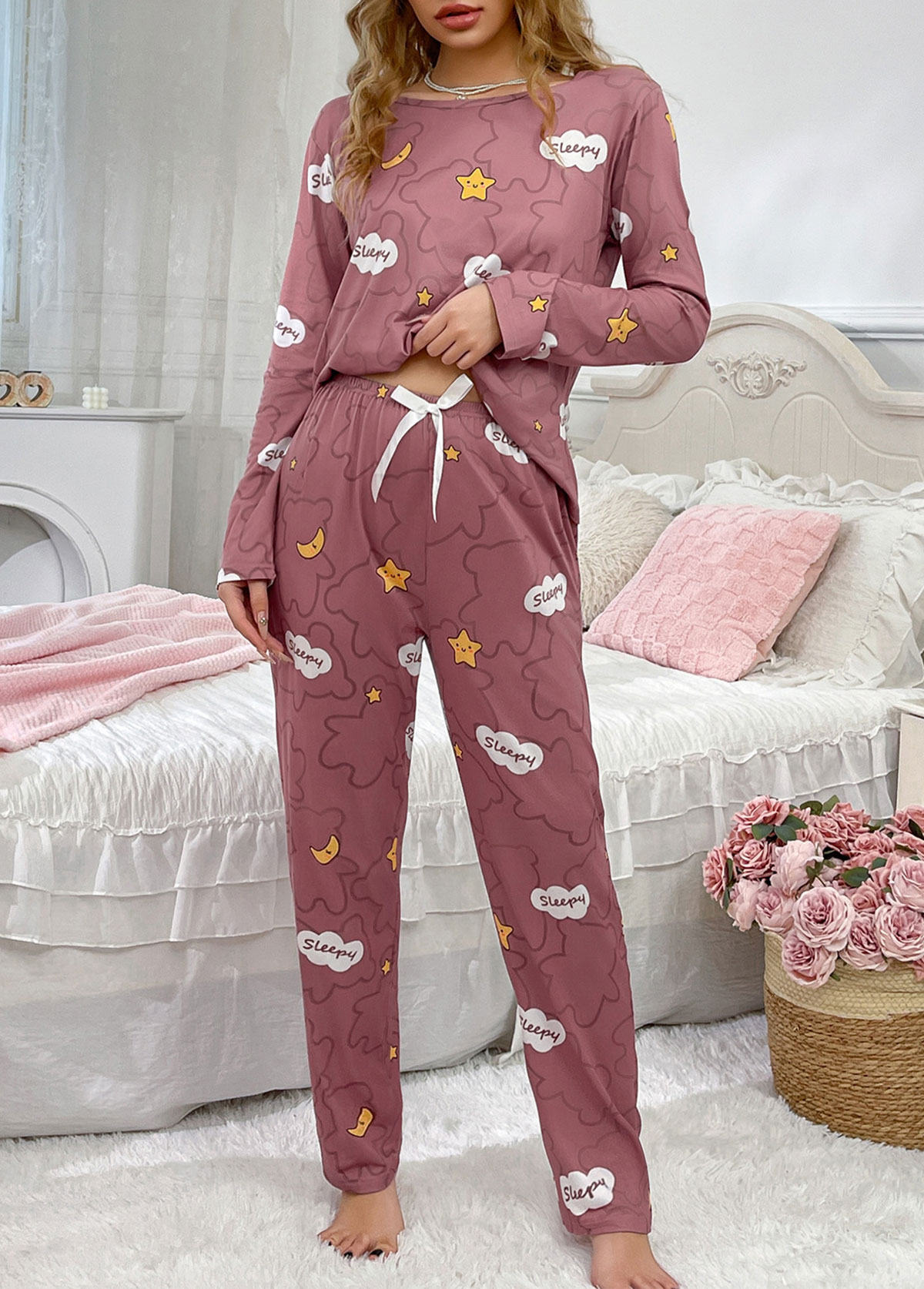 Dark Reddish Purple Letter Print Lounge Top and Pants | picture 