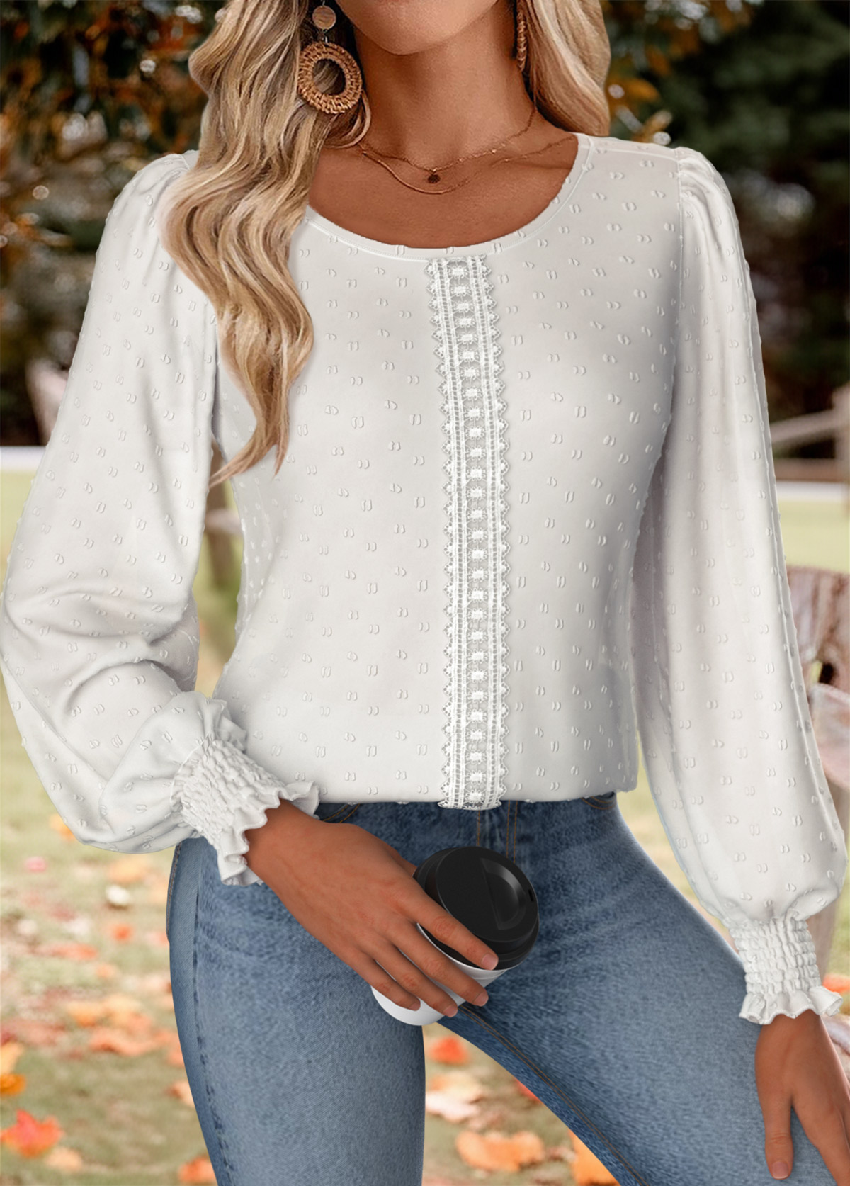 White Tummy Coverage Long Sleeve Round Neck Blouse | picture 