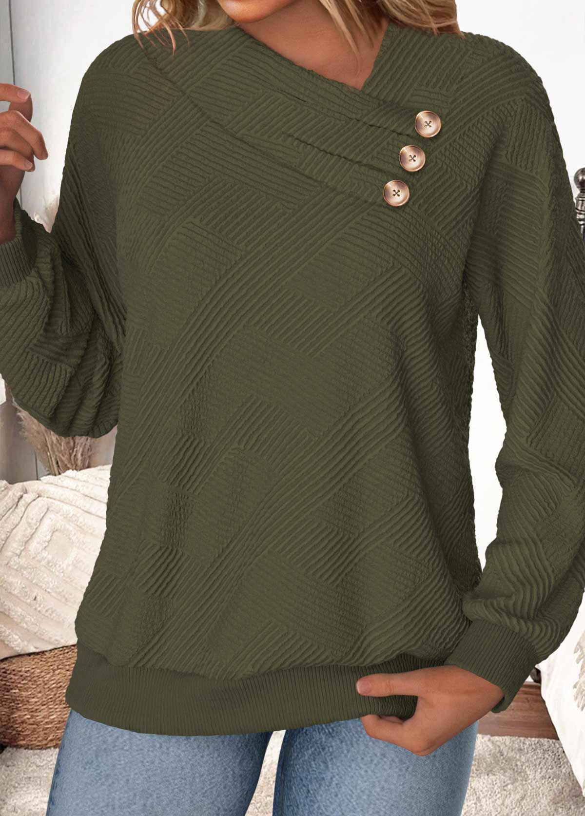 Olive Green Button Long Sleeve Asymmetrical Neck Sweatshirt | picture 