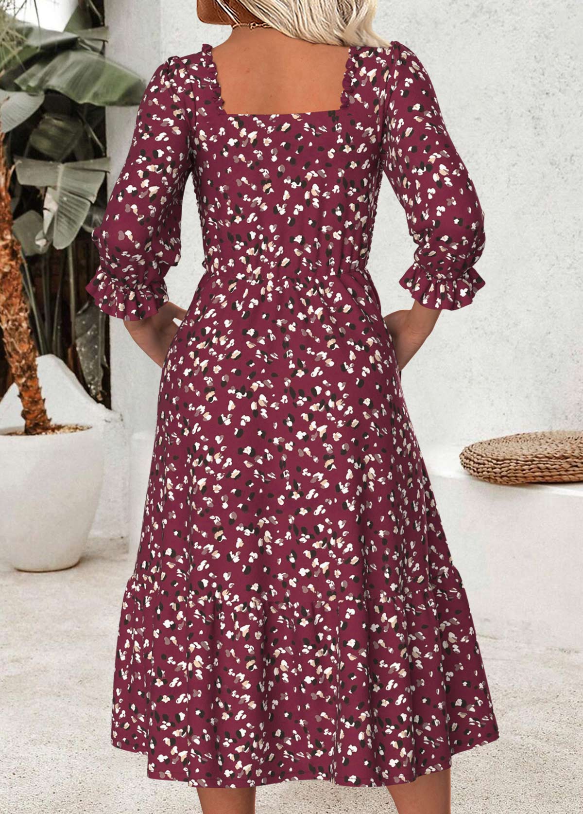 Dark Reddish Purple Tummy Coverage Leopard 3/4 Sleeve Dress | picture 