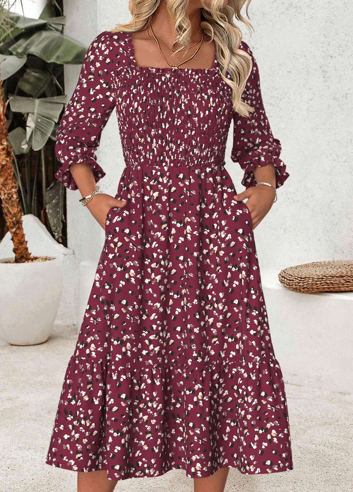 Dark Reddish Purple Tummy Coverage Leopard 3/4 Sleeve Dress | picture 