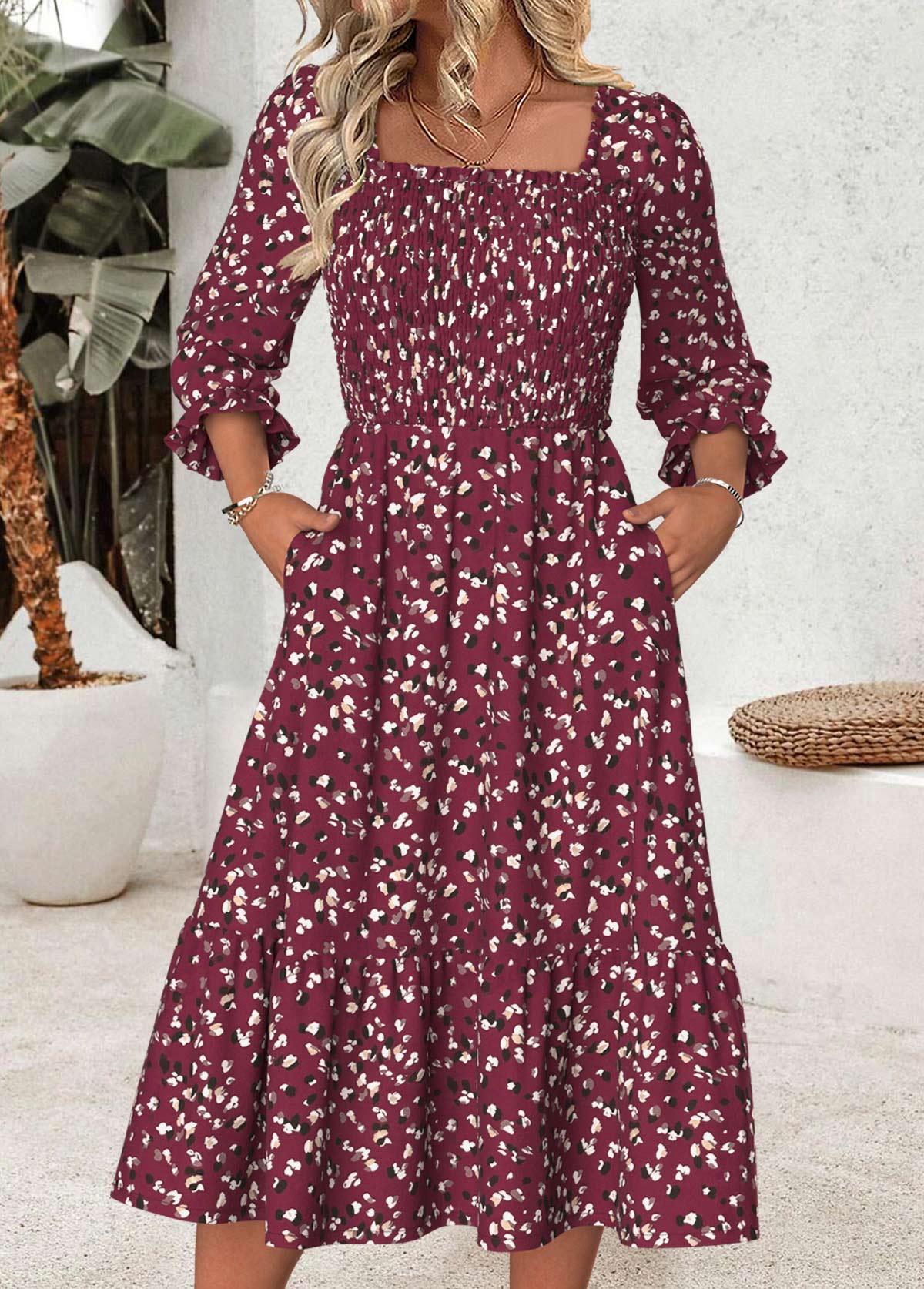 Dark Reddish Purple Tummy Coverage Leopard 3/4 Sleeve Dress | picture 