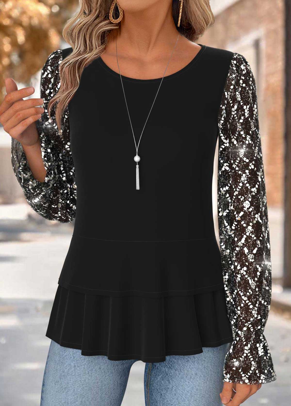 Black Tummy Coverage Long Sleeve Round Neck Blouse | picture 