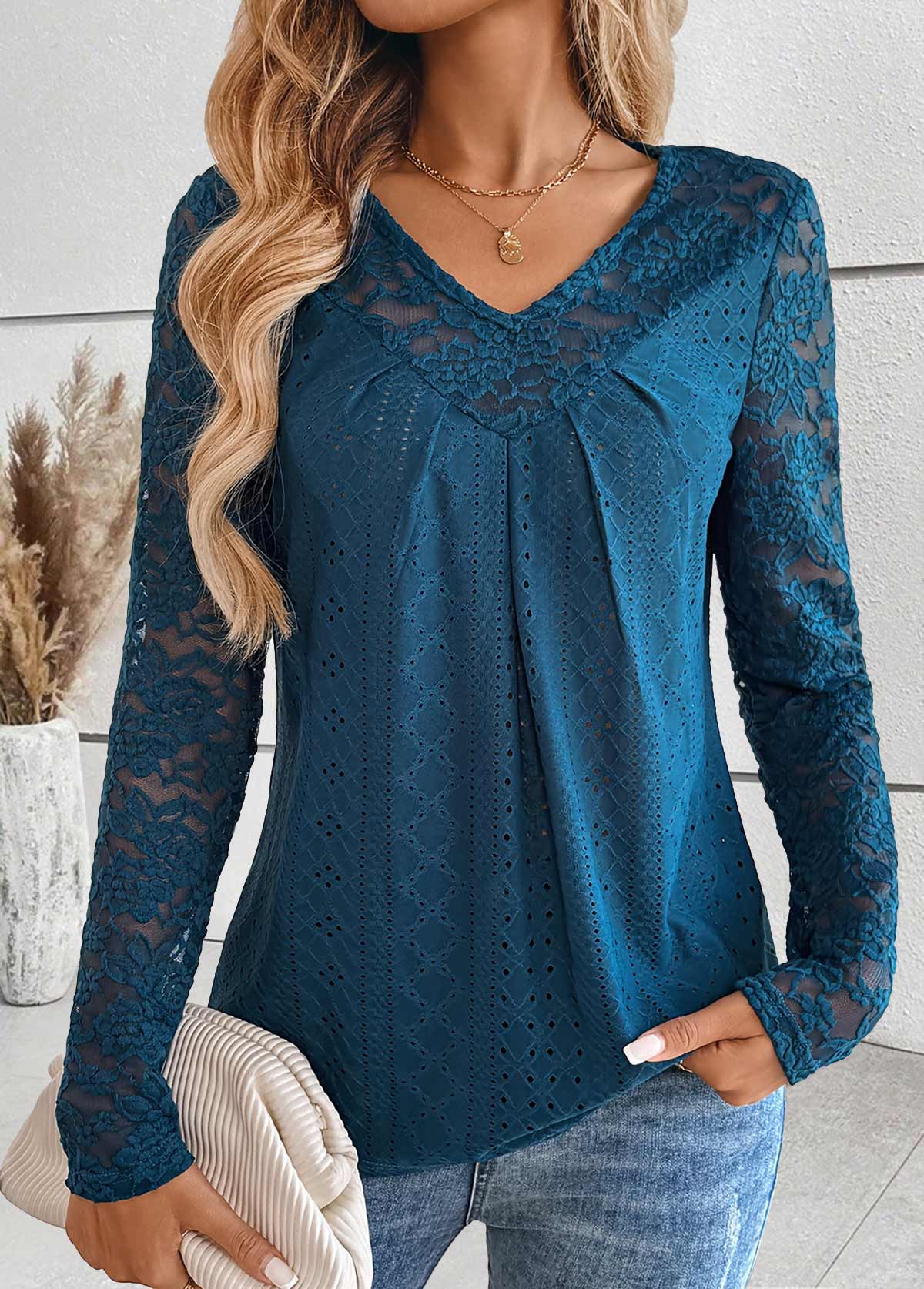 Peacock Blue Patchwork Long Sleeve V Neck T Shirt | picture 