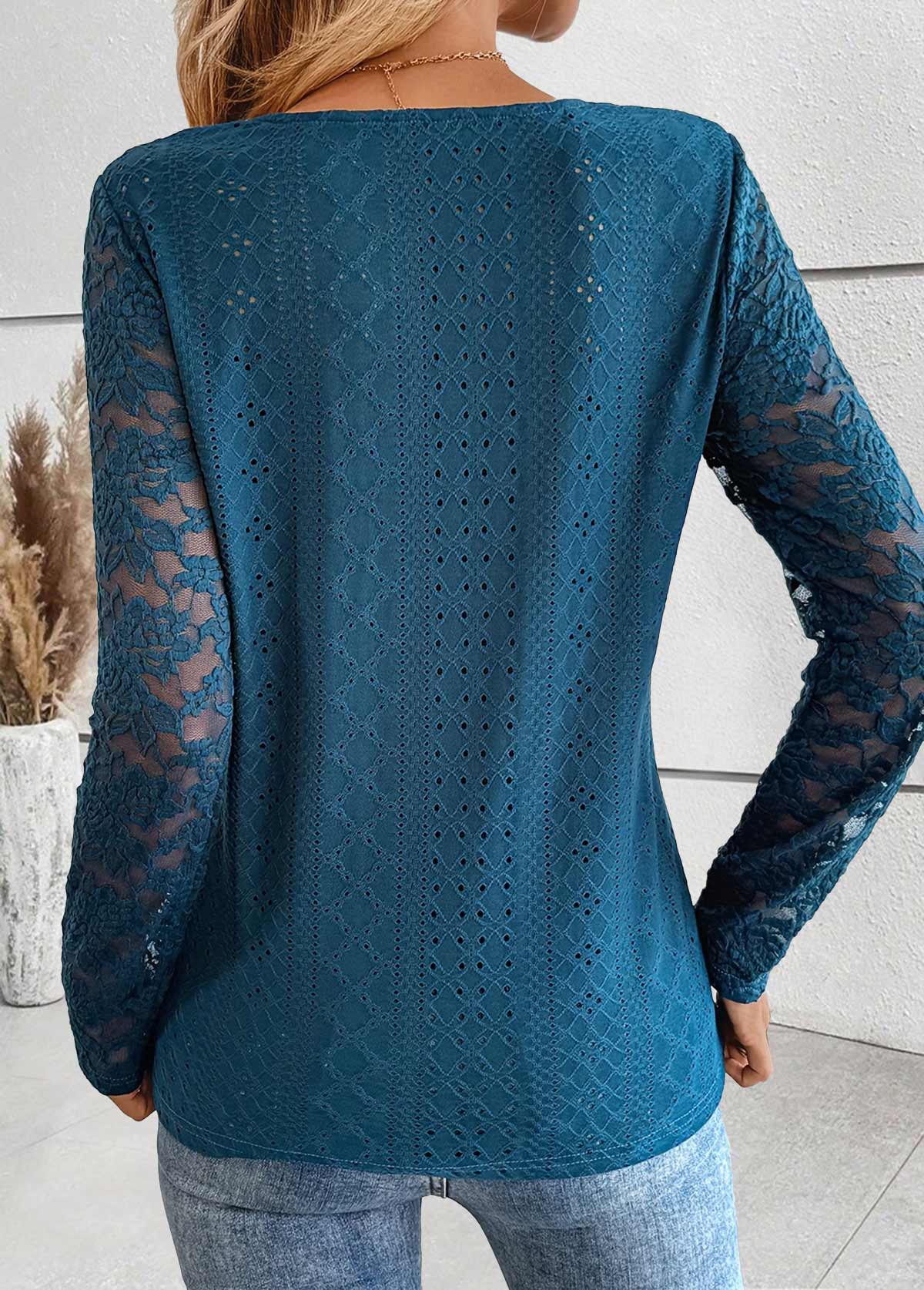Peacock Blue Patchwork Long Sleeve V Neck T Shirt | picture 