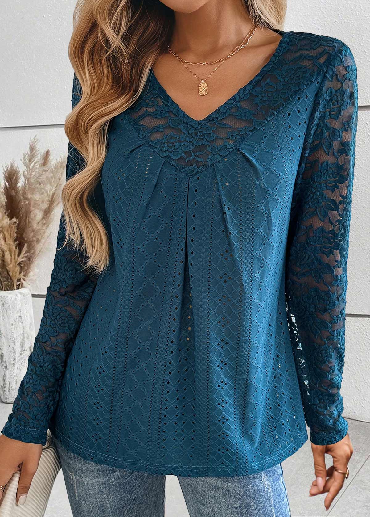 Peacock Blue Patchwork Long Sleeve V Neck T Shirt | picture 
