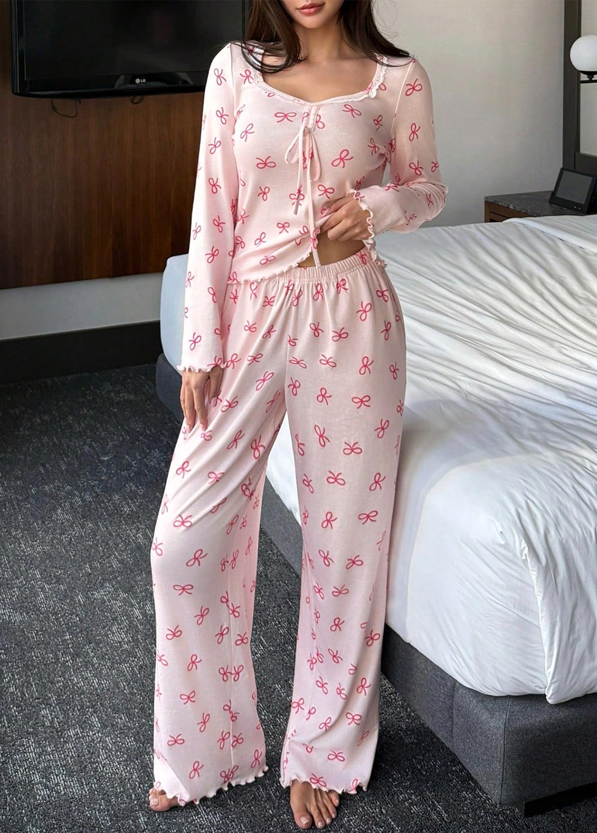 Pink Ditsy Floral Print Lounge Top and Pants | picture 