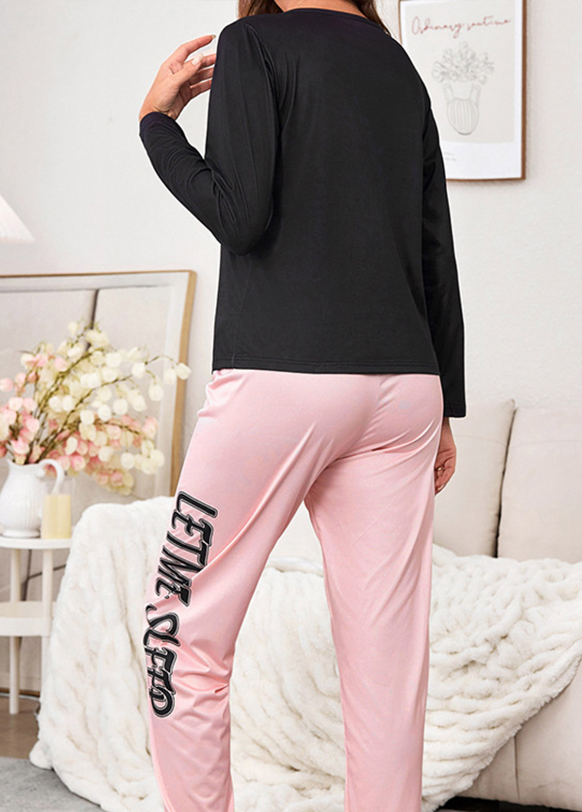 Black Letter Print Long Sleeve Lounge Top and Pants | picture 