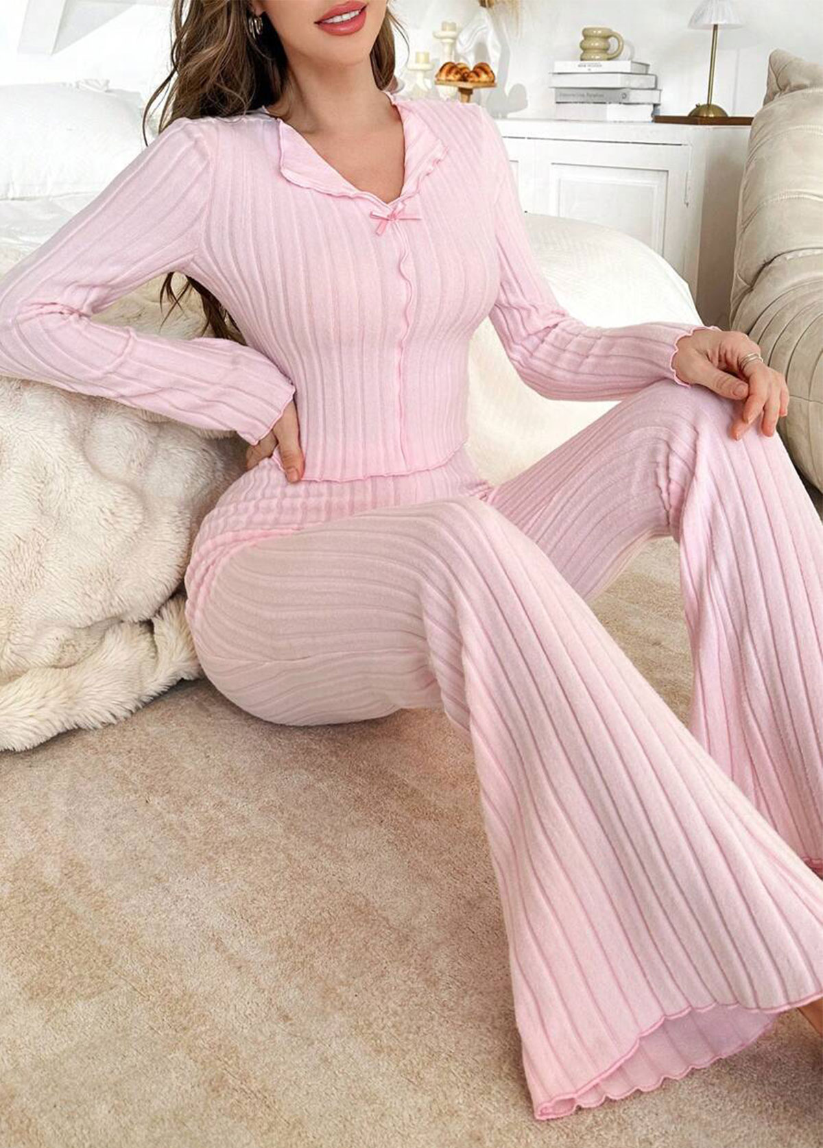 Pink Long Sleeve Lounge Top and Pants | picture 