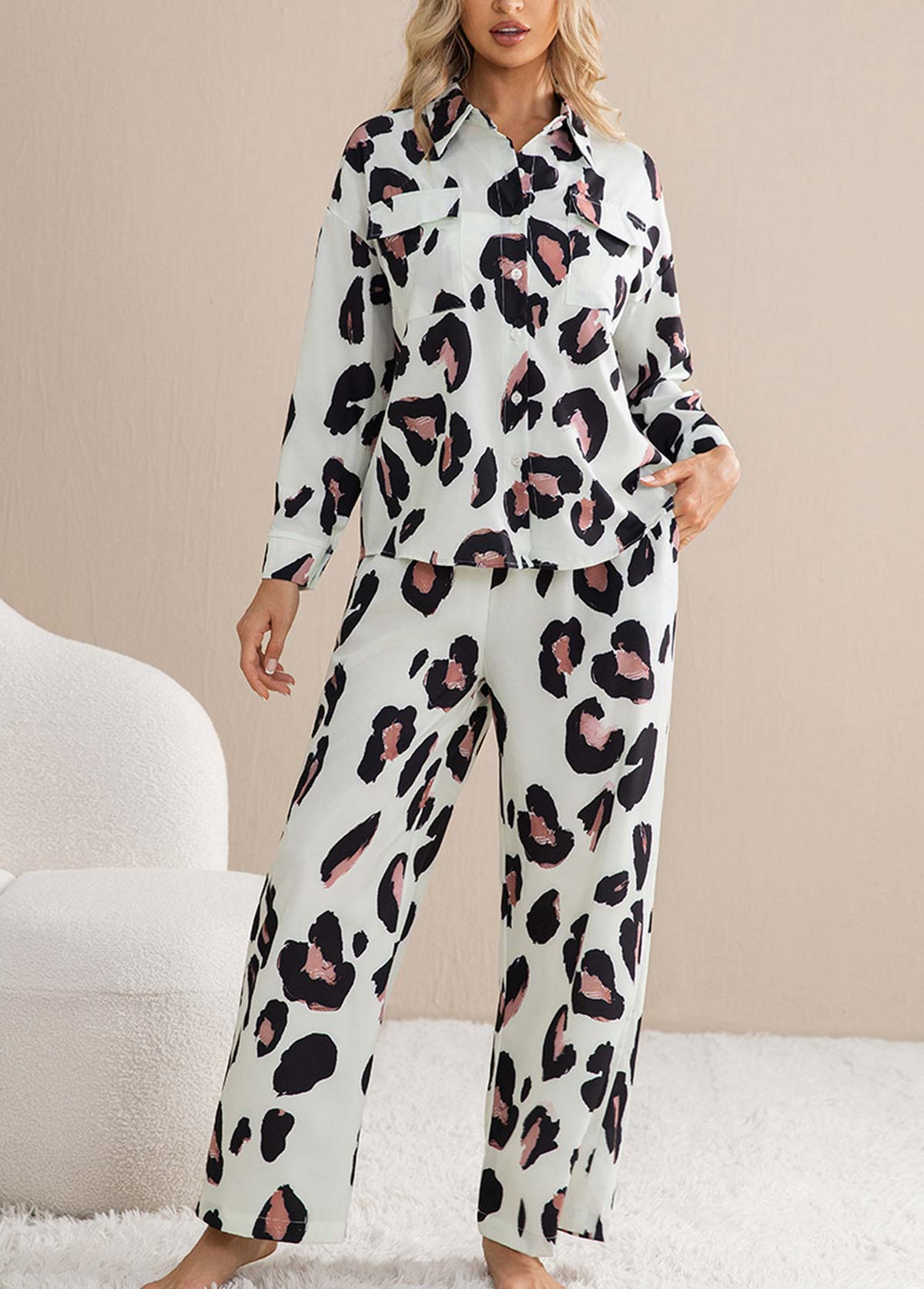 Light Coffee Leopard Long Sleeve Lounge Top and Pants | picture 